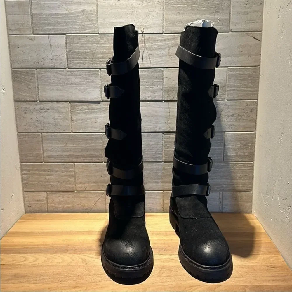 New Free People Tristie Buckle Strap Knee-High Biker Boots Black Leather US 9